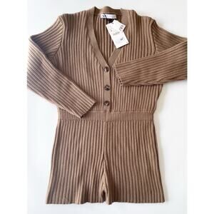 NWT Zara Ribbed Knit Playsuit in Neutral Tan Color Size Large